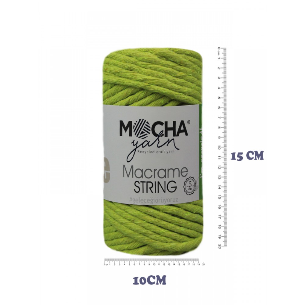 MochaYarn Taranabilir Pamuk Makrome ipliği 5mm. Fıstık Yeşili  Tek Büküm Duvar Süsü, Hobi ipi